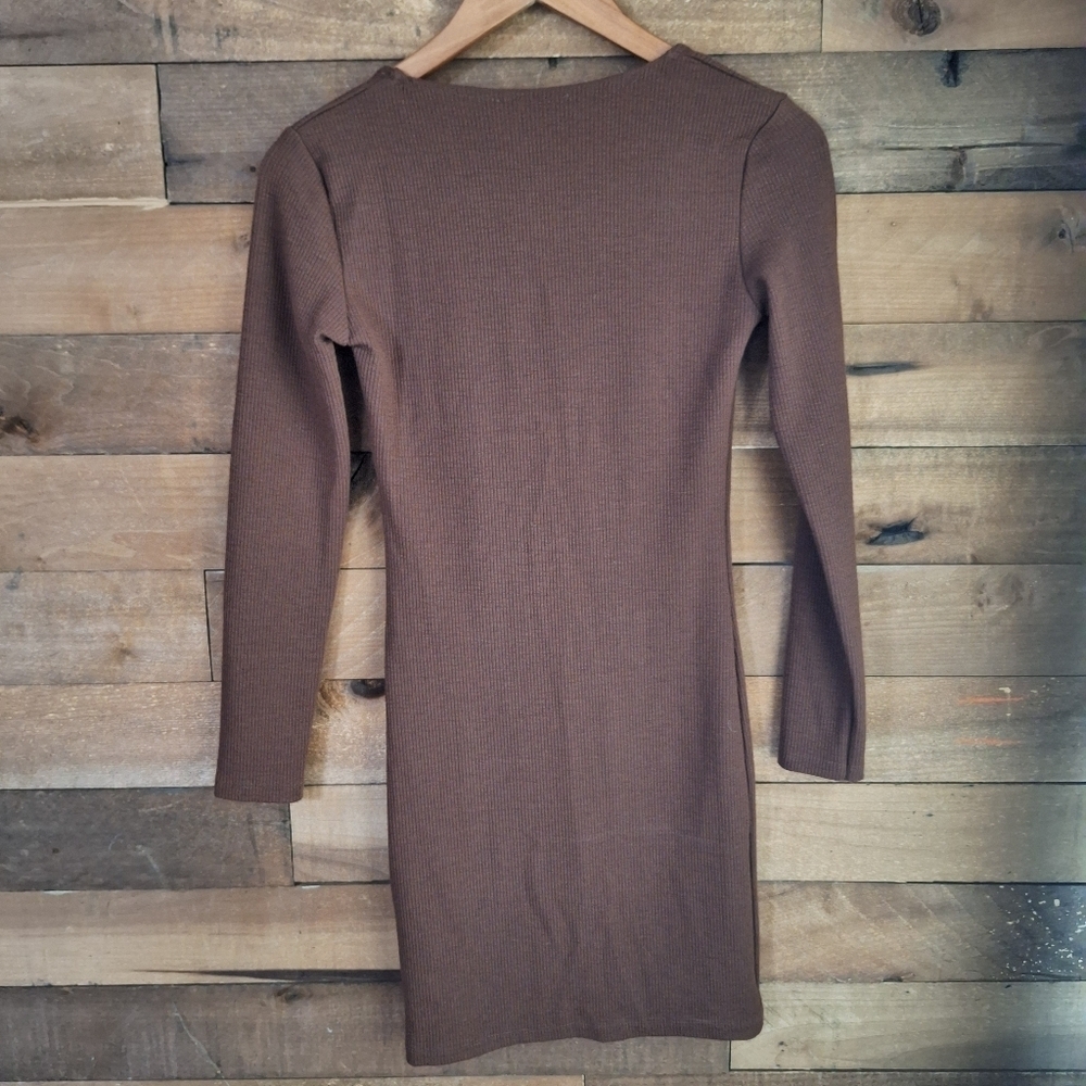 Zara Ribbed Long Sleeve Square Neck Bodycon Dress Brown Size Medium - Picture 4 of 4